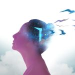 Mental Health, Freedom, Imagination and Creativity Concept. Silhouette photo of Woman combined with shape of Opened Door and Birds. Positive Mind, Peaceful, Enjoying and Life Philosophy.Space Element from Nasa